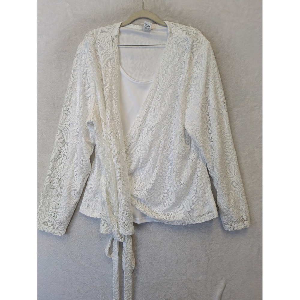 White Elegance Women's 2XL Bristol Lace Wrap Top White Long Sleeve V-Neck Floral